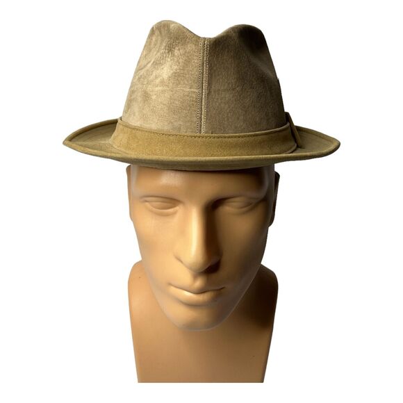 DOBBS FIFTH AVENUE NEW YORK HASHTAG WOOL FEDORA GENUINE SUEDE LEATHER TAN 7 3/8 - Picture 1 of 8
